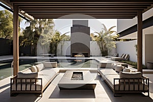 Stylish outdoor lounge with central fireplace