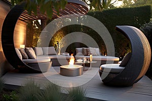 Stylish Outdoor Patio With Modern Furniture And Fire Pit Contemporary Interior Design. Generative AI