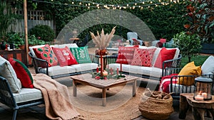 Chic outdoor lounge with festive cushions and cozy blankets photo