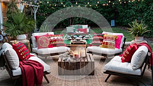 Chic outdoor lounge with festive cushions and cozy blankets photo