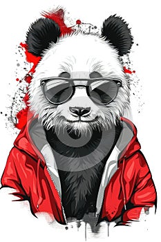 Stylish panda illustration flaunting sunglasses and a vibrant red jacket