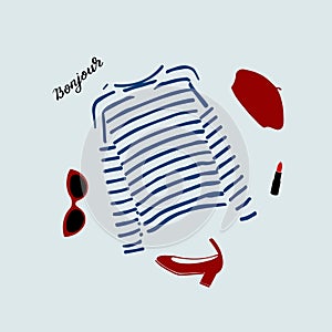 Stylish Parisian outfit illustration with blue striped t-shirt, shoes, sunglasses, burgundy beret and red lipstick.