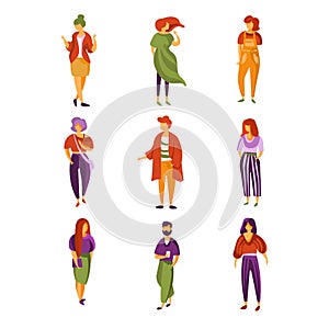 Stylish people set, men and women dressed in trendy modern clothes vector Illustration on a white background