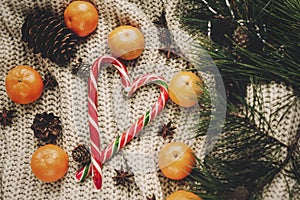 Stylish peppermint candy cane in heart and pine cones tangerine