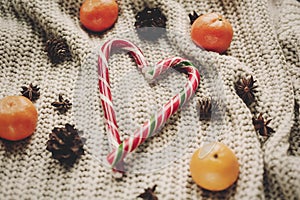 Stylish peppermint candy cane in heart shape and pine cones and