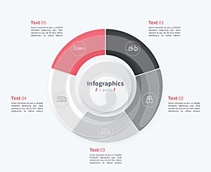 Stylish pie chart circle infographic template. 5 parts.