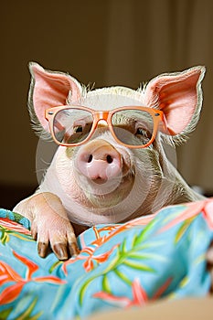 Stylish pig flaunting fashionable orange sunglasses and a colorful hawaiian shirt photo