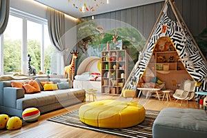 Stylish playroom interior with modern furniture, toys, games for kids