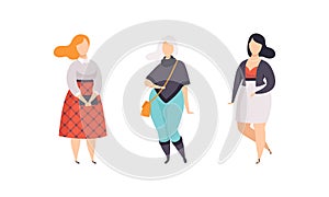 Stylish Plump Women Set, Plus Size Overweight Girls in Fashion Clothes, Body Positive Concept Flat Vector Illustration