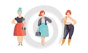 Stylish Plump Young Women Set, Plus Size Girls in Fashionable Clothes Flat Vector Illustration