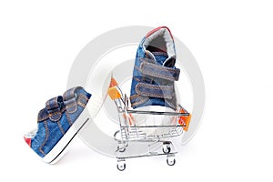 Stylish ply basket store with shoes on a white background