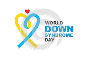 Stylish postcard with a yellow-blue heart-shaped ribbon. World Down Syndrome Day. Vector illustration