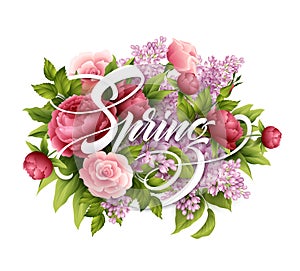 Stylish poster with beautiful flowers and Spring lettering. Lilac, rose, peony flower bouquet. Vector illustration