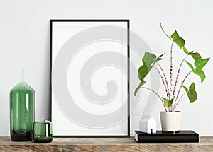 Stylish poster frame mock up on white plaster wall with plant in a pot, house model and glass vases on wooden shelf, 3d rendering