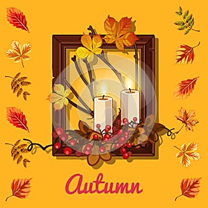 Stylish poster on the theme of golden autumn. Composition of dry twigs and yellowed leaves of the trees in wooden frame