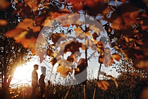 Stylish pregnant couple holding hands on belly in sunny light in autumn park. Happy young parents, mom and dad, hugging baby bump