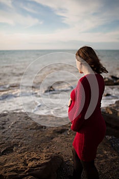 Stylish pregnant woman. Beautiful young pregnant woman enjoying the sunset. Pregnant tummy