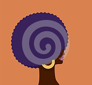 Stylish profile portrait of an African woman with voluminous hairstyle that hides the eyes. Vector flat illustration