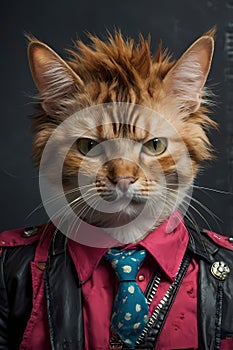 stylish cat in pink shirt and leather jacket