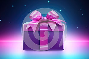 Stylish purple gift box with violet ribbon bow on dark blue background with lights