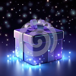 Stylish purple gift box with violet ribbon bow on dark blue background with lights