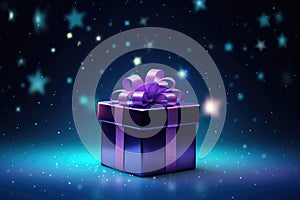 Stylish purple gift box with violet ribbon bow on dark blue background with lights