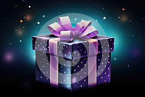 Stylish purple gift box with violet ribbon bow on dark blue background with lights