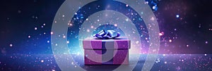 Stylish purple gift box with violet ribbon bow on dark blue background with lights and sparkles.
