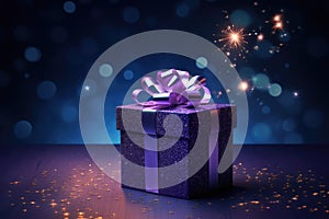Stylish purple gift box with violet ribbon bow on dark blue background with lights and sparkles.