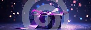 Stylish purple gift box with violet ribbon bow on dark blue background with lights and sparkles