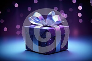 Stylish purple gift box with violet ribbon bow on dark blue background with lights and sparkles.