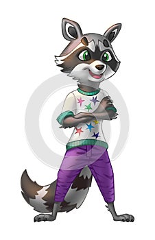 Stylish raccoon in violet pants and designer sweater.