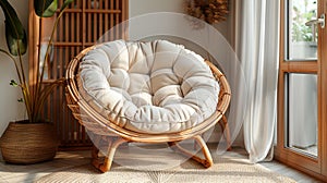 boho rattan chair, stylish rattan chair with boho touch and comfy padding, perfect for a cozy reading spot or chic photo