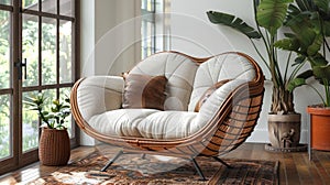 bohemian rattan chair, stylish rattan chair with boho vibes and comfy cushioning, perfect for a cozy reading corner or photo