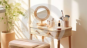 A stylish rattan wooden dressing table in sunlight, with the drawer ajar. Various beauty products , Generate AI