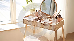 A stylish rattan wooden dressing table in sunlight, with the drawer ajar. Various beauty products , Generate AI