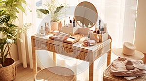 A stylish rattan wooden dressing table in sunlight, with the drawer ajar. Various beauty products , Generate AI