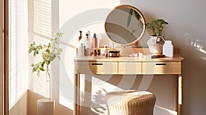 A stylish rattan wooden dressing table in sunlight, with the drawer ajar. Various beauty products , Generate AI