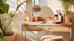 A stylish rattan wooden dressing table in sunlight, with the drawer ajar. Various beauty products , Generate AI