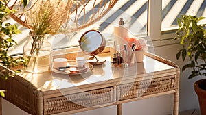 A stylish rattan wooden dressing table in sunlight, with the drawer ajar. Various beauty products , Generate AI