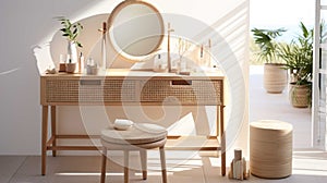 A stylish rattan wooden dressing table in sunlight, with the drawer ajar. Various beauty products , Generate AI