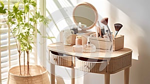 A stylish rattan wooden dressing table in sunlight, with the drawer ajar. Various beauty products , Generate AI