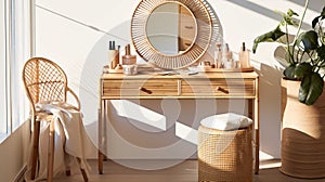 A stylish rattan wooden dressing table in sunlight, with the drawer ajar. Various beauty products , Generate AI