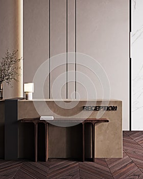 Stylish reception counter in modern room with light beige walls. Blank registration desk in hotel, spa or office. Reception mock