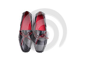 Stylish Red and black leather loafers shoes pair isolated on white background from top