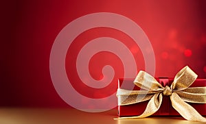 Stylish red christmas gift with golden ribbon and bow against bokeh lights background copy space Merry Christmas,festive