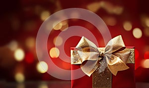 Stylish red christmas gift with golden ribbon and bow against bokeh lights background copy space Merry Christmas,festive