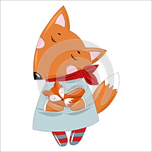 Stylish red fox mom in an elegant dress and a scarf tied around her neck with a little baby fox in her paws.