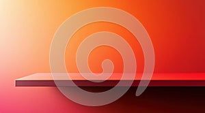 Stylish red-orange gradient background with empty shelf for modern product display and creative design