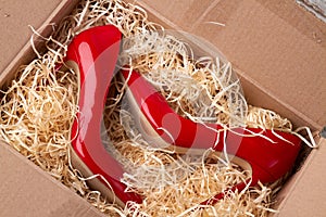 Stylish red shoes in cardboard box.